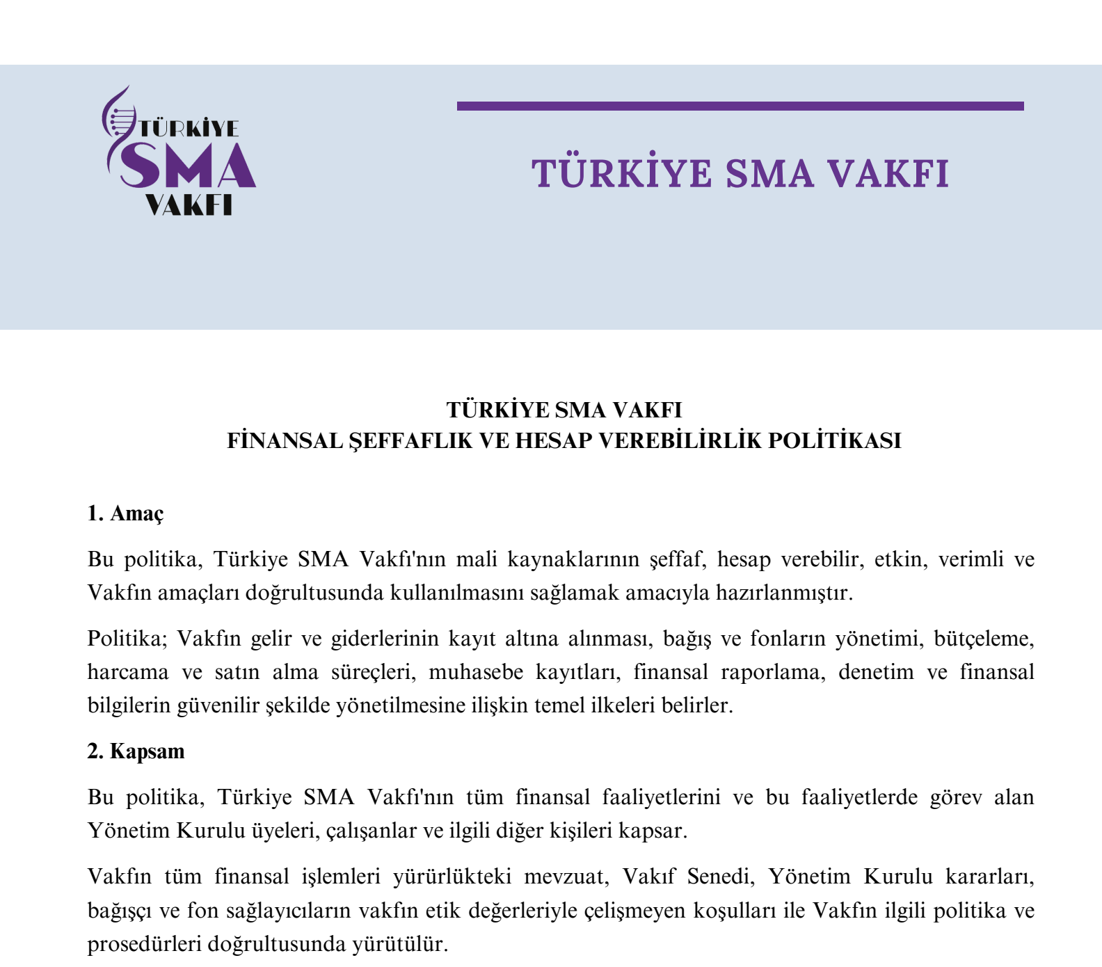 Türkiye Sma Vakfı Finansal Şeffaflık ve Hesap Verebilirlik Politikası