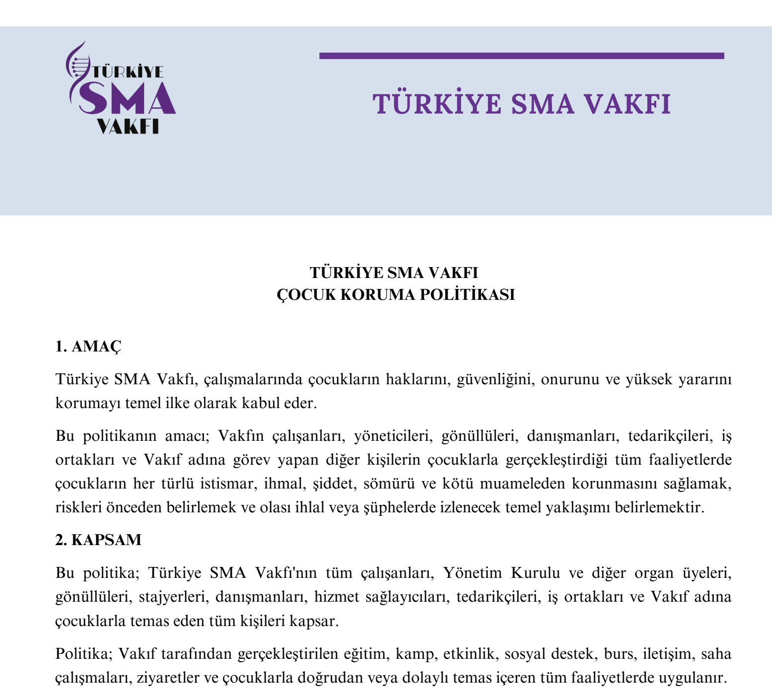 Türkiye Sma  Vakfı  Çocuk Koruma Politikası